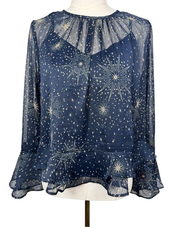LOFT Tops - LOFT NWT Celestial Shimmer Peplum Ruffle Sleeve Top Navy & Gold Size S